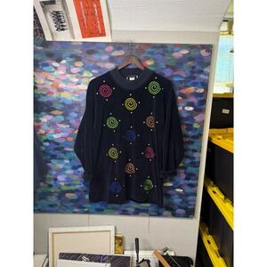 Vintage Saks Fifth Avenue Velour Sweatshirt Navy Neon Spiral Studded Mock Neck S